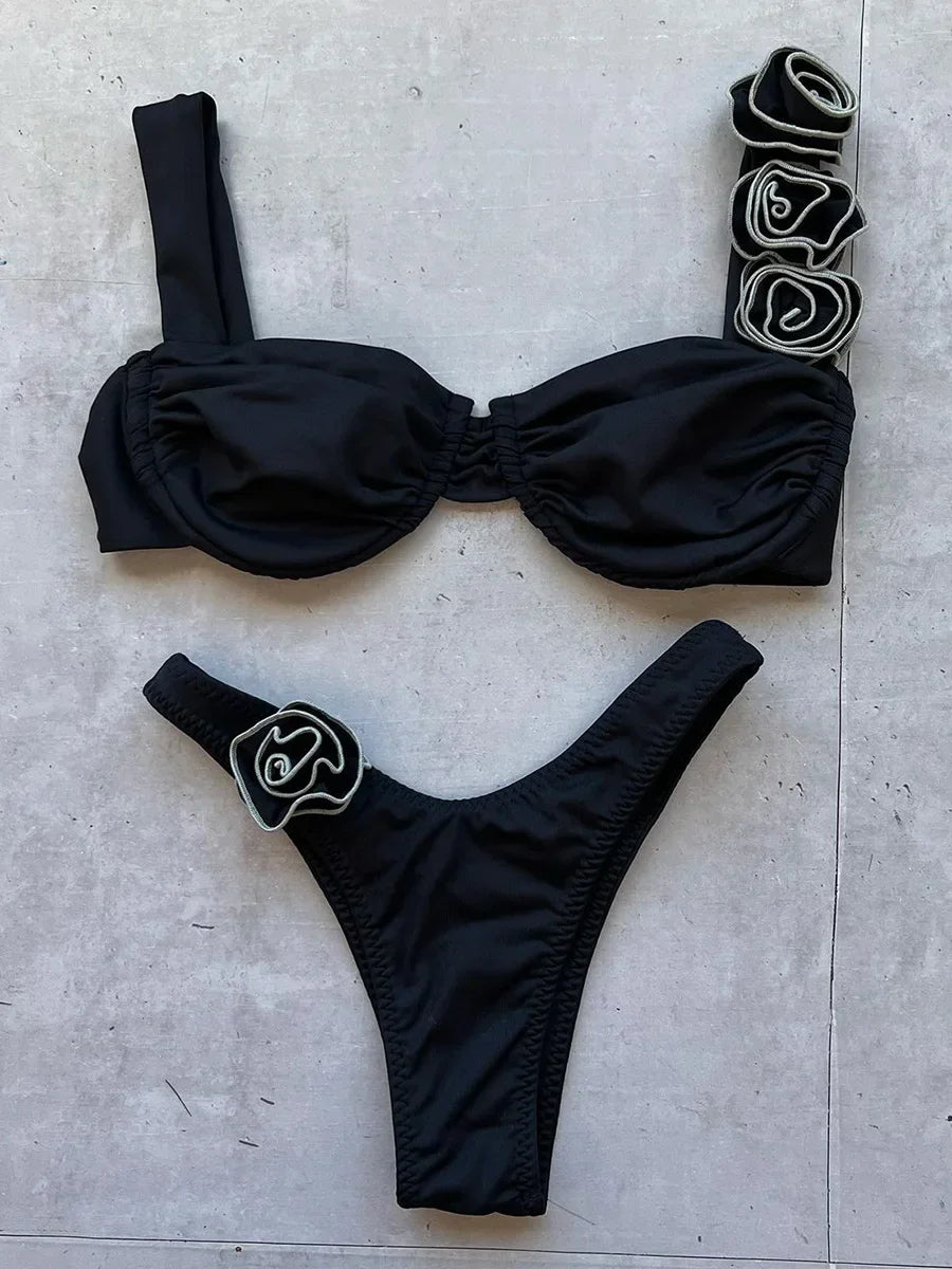 Sexy 3D Flowers Underwired Brazilian Bikini Women Swimwear Female Swimsuit Two-pieces Bikini Set Triangle Bathing Suit Swim Lady
