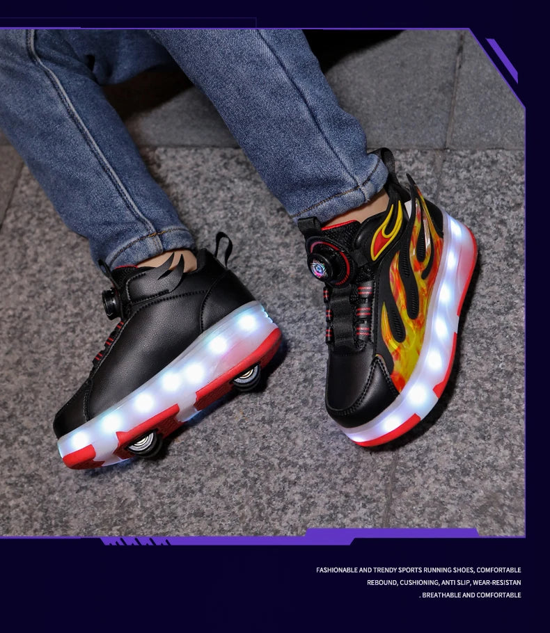 2025 New children's four-wheel novice light up rotary button automatic shrinkage fast walking shoes for boys sneakers