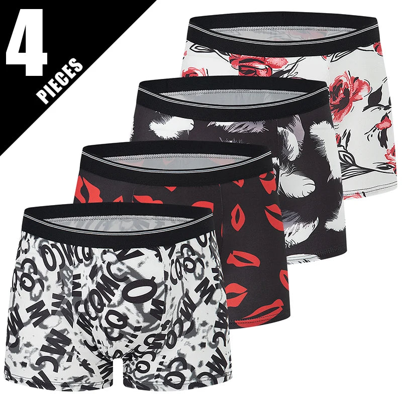 4-piece Set Of Men's English Letter Printed Underwear Breathable Fashionable Comfortable Plus Size Teenage Boxer Shorts Trendy