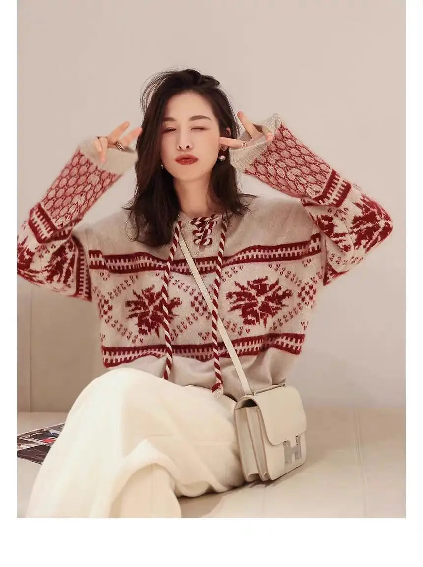 100% pure wool cashmere sweater women's 2024 autumn and winter new hooded collar pullover fashionable loose knit plus size top