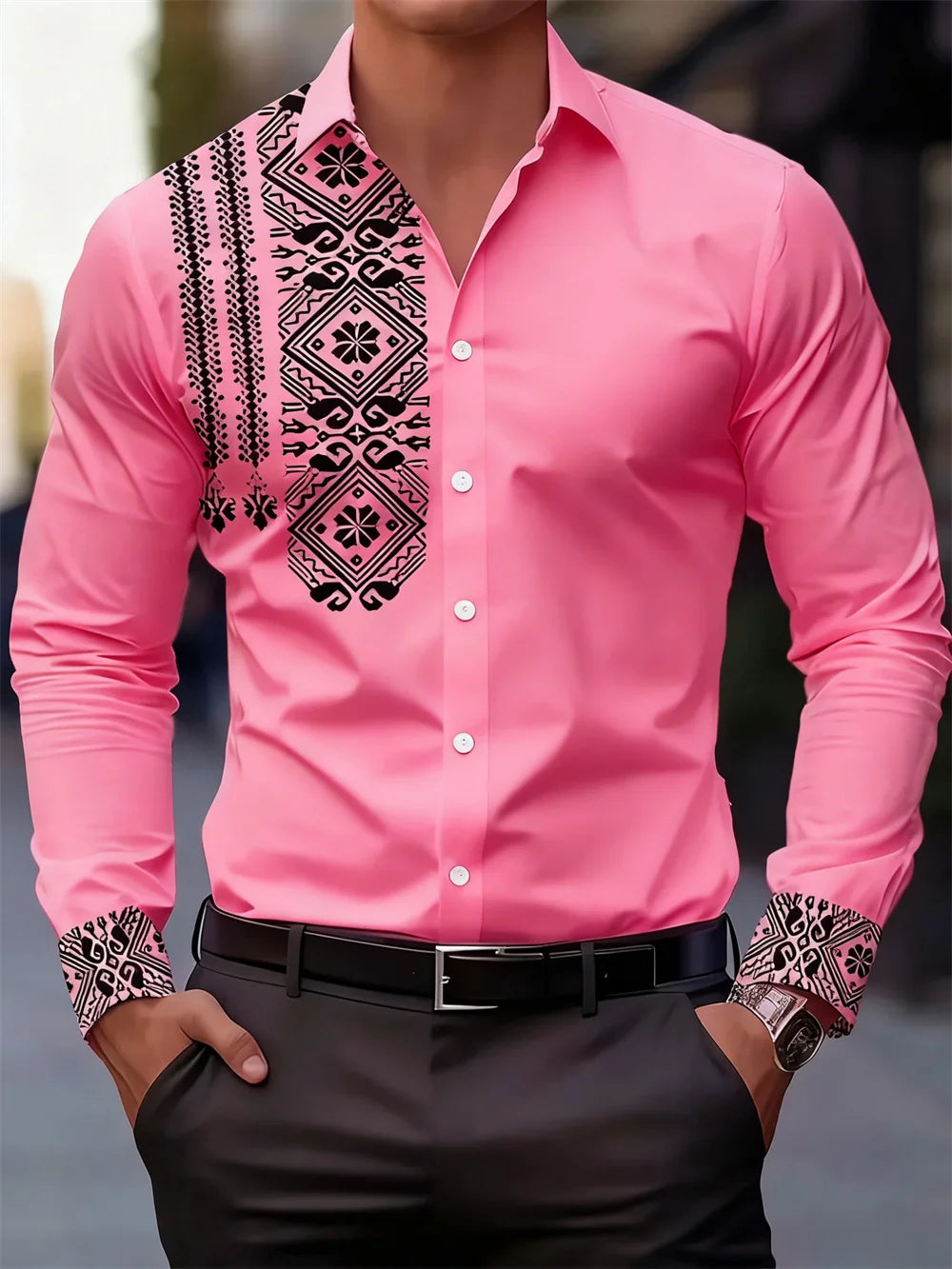 Men's black and white paisley printed casual shirt, suitable for business, daily office wear, and casual wear