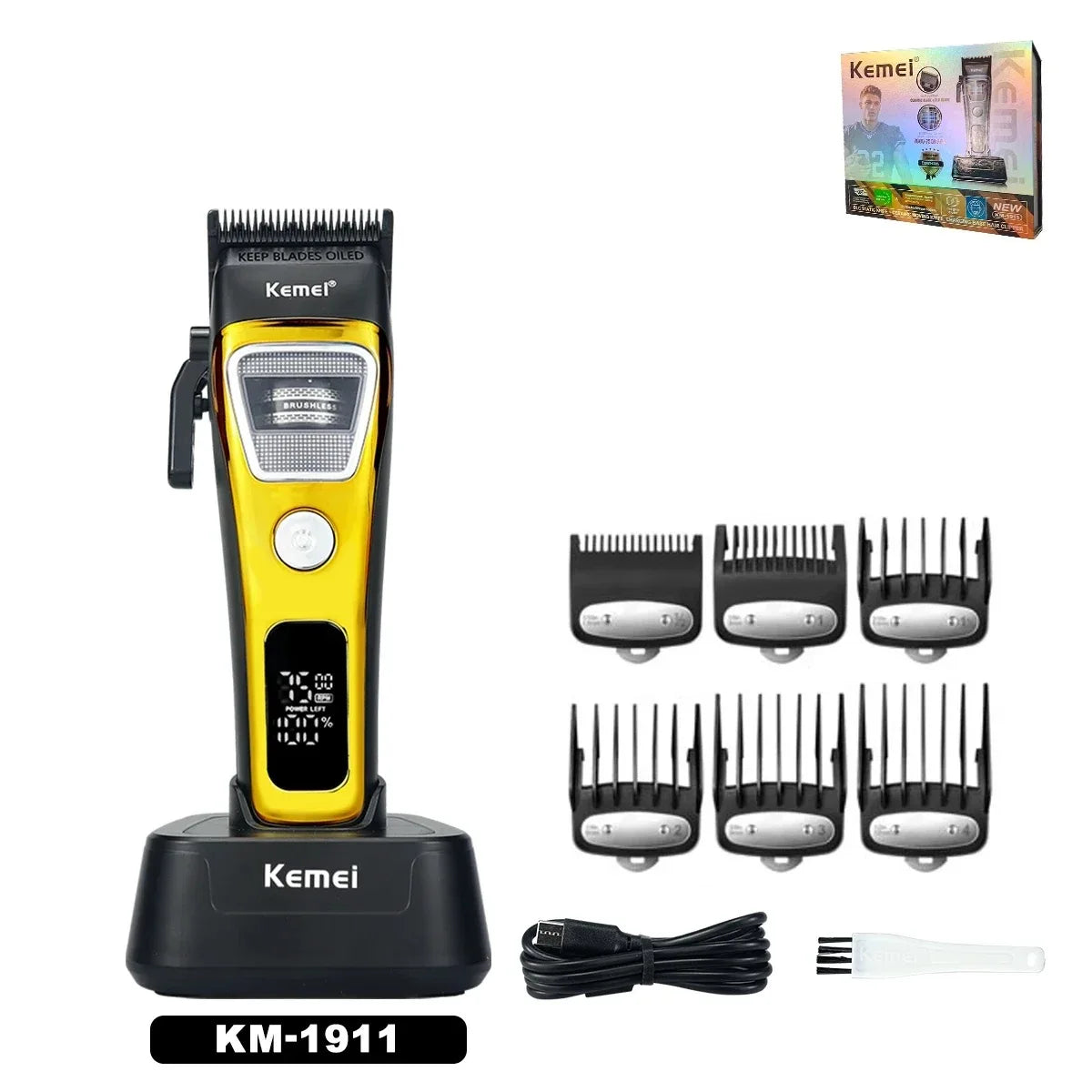 Kemei KM-1911 Professional Hair Clipper for Men DLC Blade External Rotor Brushless Motor with Base Charger LED Display Haircut