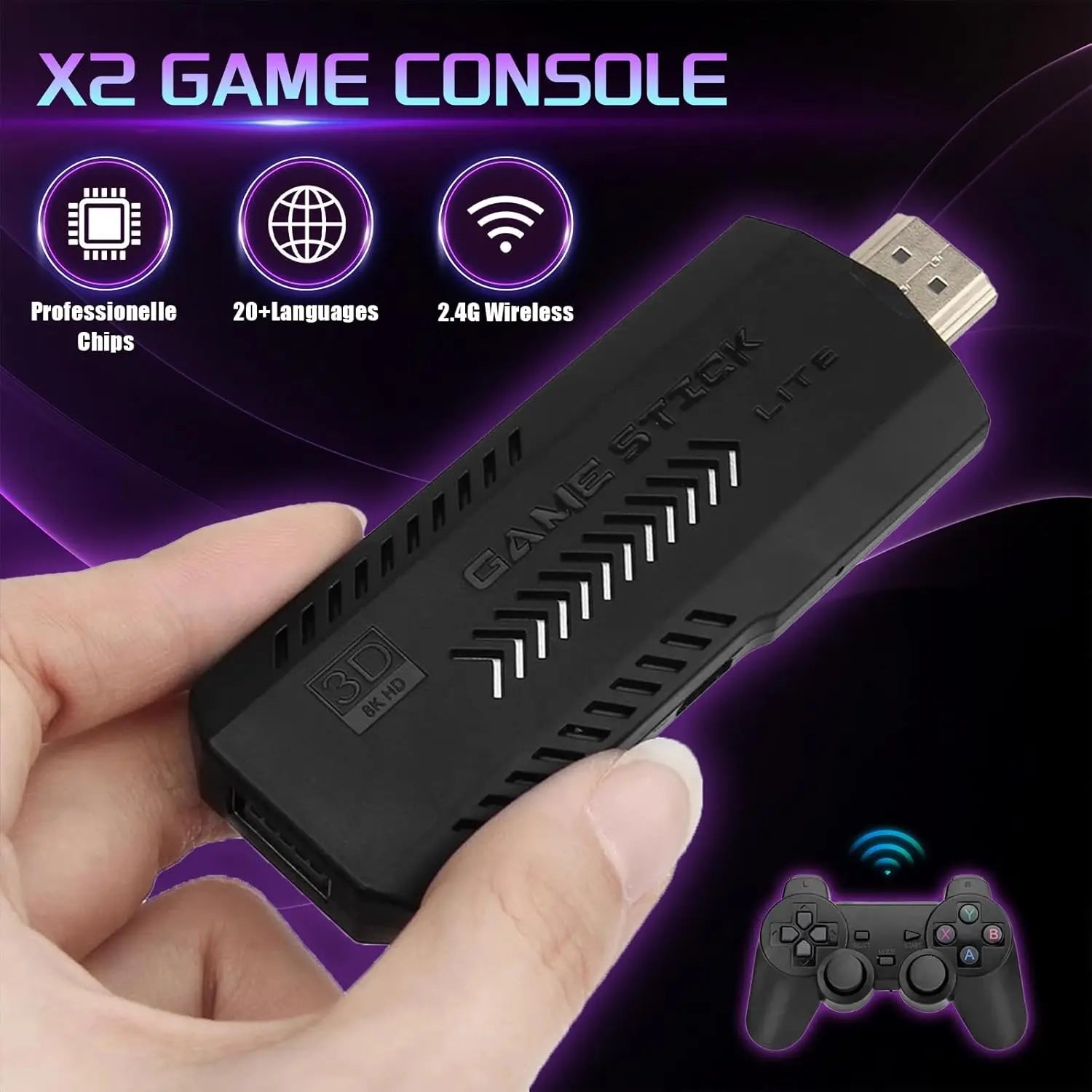 X2 PLUS Retro Gaming Stick - 64/128/256GB 4K HD Game Console with 60,000+ Games, Dual Wireless Controllers for TV/PC