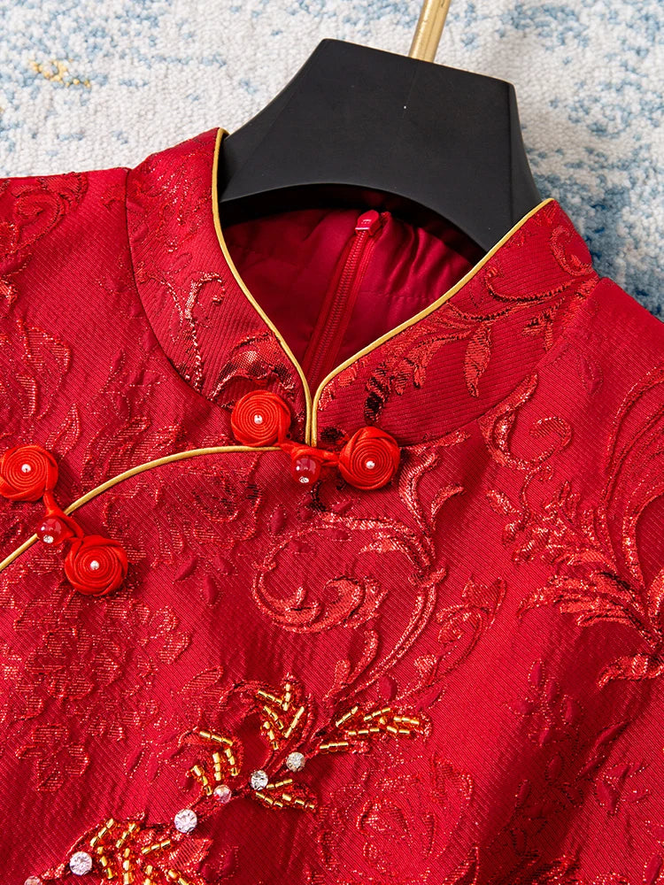 Red Chinese Style Sleeveless Beaded Dress for Wedding, Banquet, Evening Party Elegant Midi Dress for Women