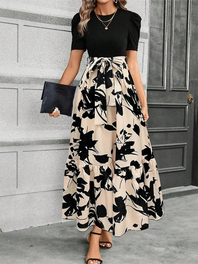 Elegant Floral Print Round Neck Long Dresses Women Short Sleeve High Waist Lace-up Office Lady Holiday Party Dresses Vestidos