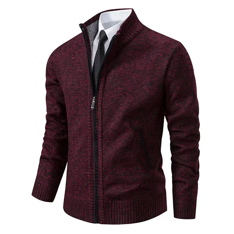 2025 Autumn and Winter New Jersey Men's Casual Sports Coat Solid Color Stand Collar Sweater Grab Fleece Warm Zipper Cardigan
