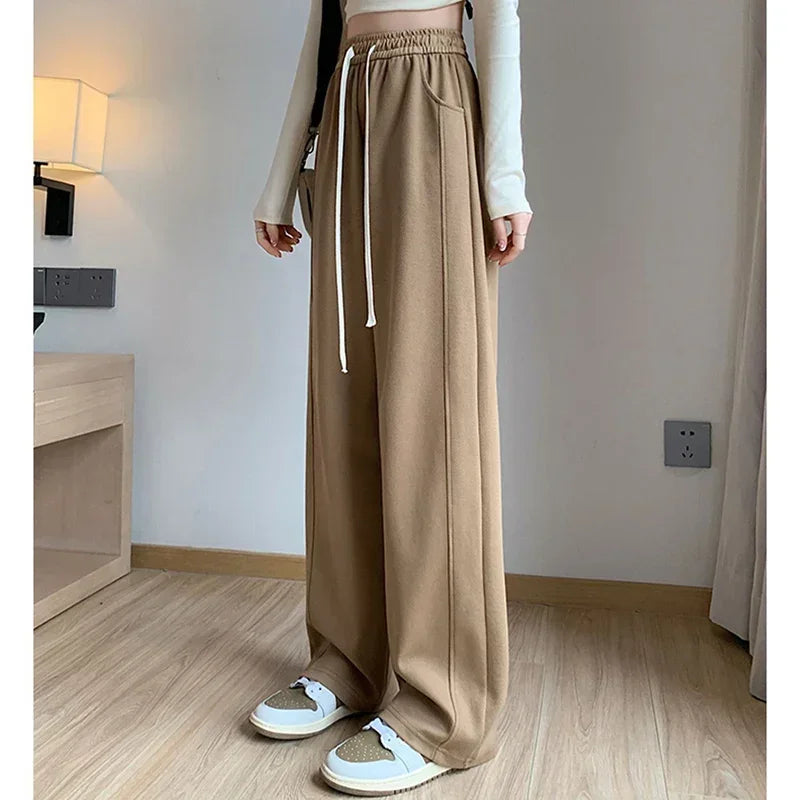Lady Casual Daily High Waisted Sweatpants Women Drawstring Straight Leg Pants Girls Korean Slim Fit Thin Trousers
