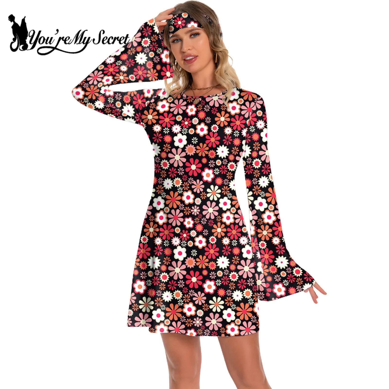 [You're My Secret] 60s 70s Women's Bohemian Style Disco Floral Printed Outfit Dresses Holiday Hippie Costume Clothes Vestidos