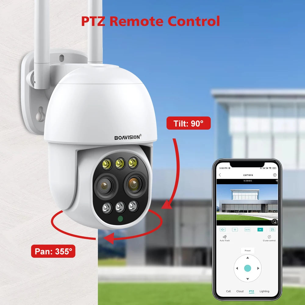 BOAVISION HD 8MP WIFI Camera PTZ Dual Lens 8X Digital Zoom Outdoor 4K AI humanoid Auto Tracking Zoom Audio iCSee Security Camera