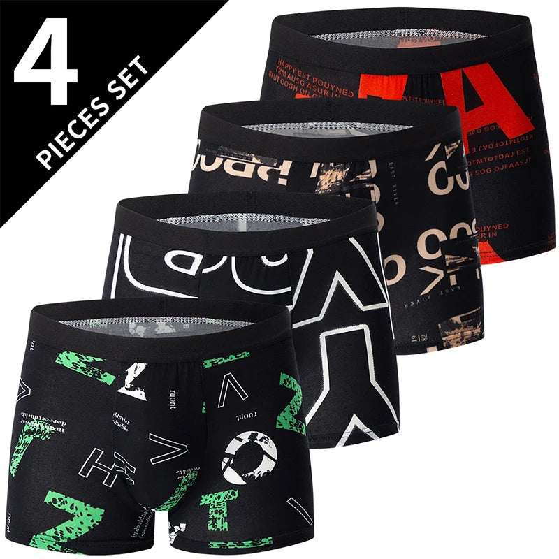 4-piece Set Of Men's English Letter Printed Underwear Breathable Fashionable Comfortable Plus Size Teenage Boxer Shorts Trendy
