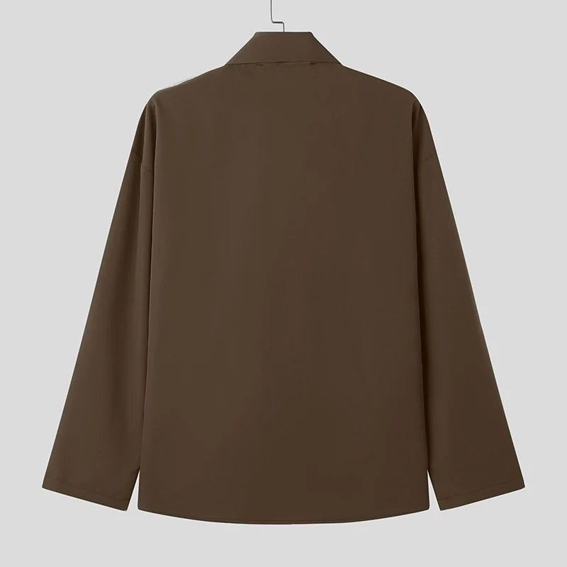 INCERUN Men Shirt Solid Color Lace Up Long Sleeve Loose Casual Men Clothing Streetwear 2024 Fashion Leisure Male Shirts S-5XL