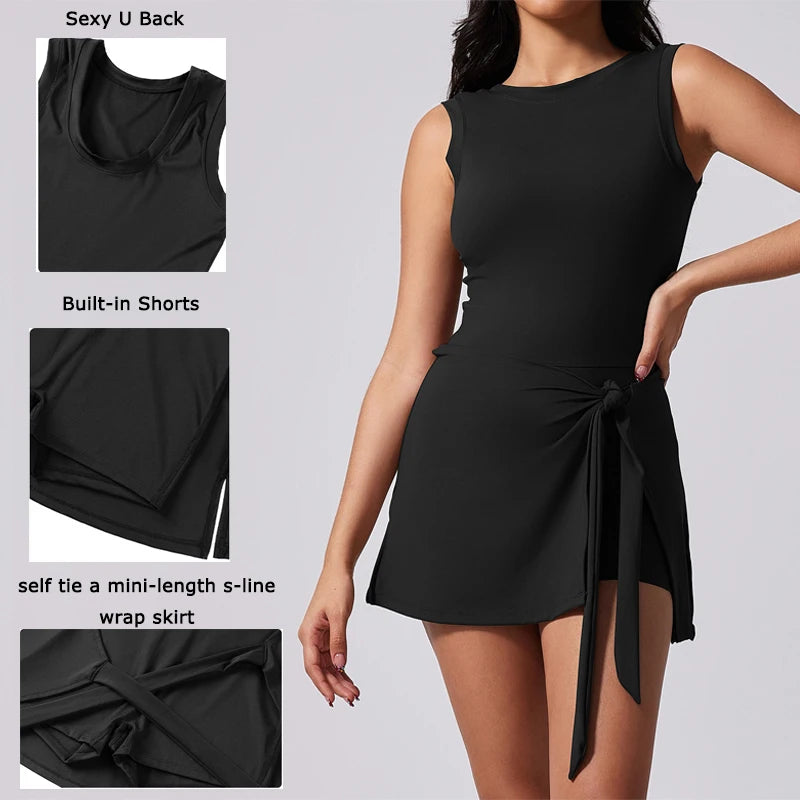 VITALINOVO Tennis Dress for Women with Built in Shorts Womens Athletic Dresses Sleeveless Boat Neck Active Workout Skort Dress