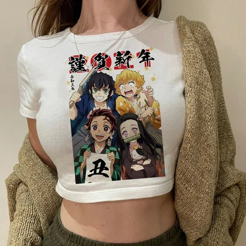 90s Manga Kimetsu No Yaiba Crop Top Demon Slayer T Shirt Women Y2k Nezuko Japanese Anime Tshirt Tanjirou Kamado Cropped Female