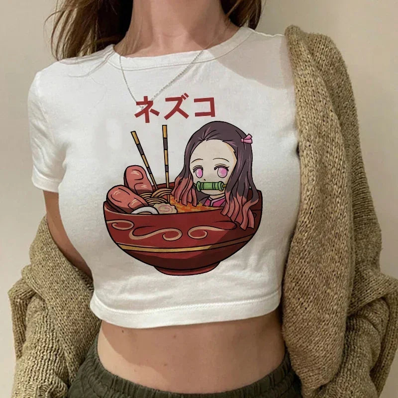 90s Manga Kimetsu No Yaiba Crop Top Demon Slayer T Shirt Women Y2k Nezuko Japanese Anime Tshirt Tanjirou Kamado Cropped Female