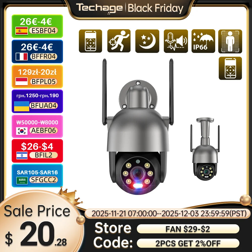 Techage 4MP PTZ WIFI IP Camera Two-Way Audio Outdoor Wireless CCTV Security Camera Smart AI Human Detection Color Night Vision