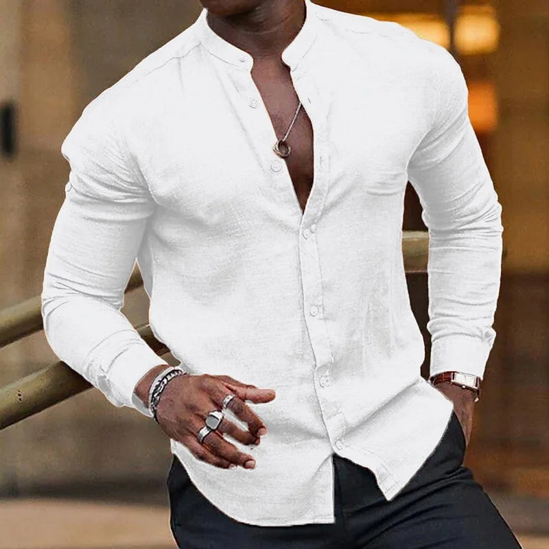 Men's Shirts Summer Shirts Beachwear Button Shirts Stand Collar Shirts Black White Pink Long Sleeve Spring Summer Hawaiian 6XL