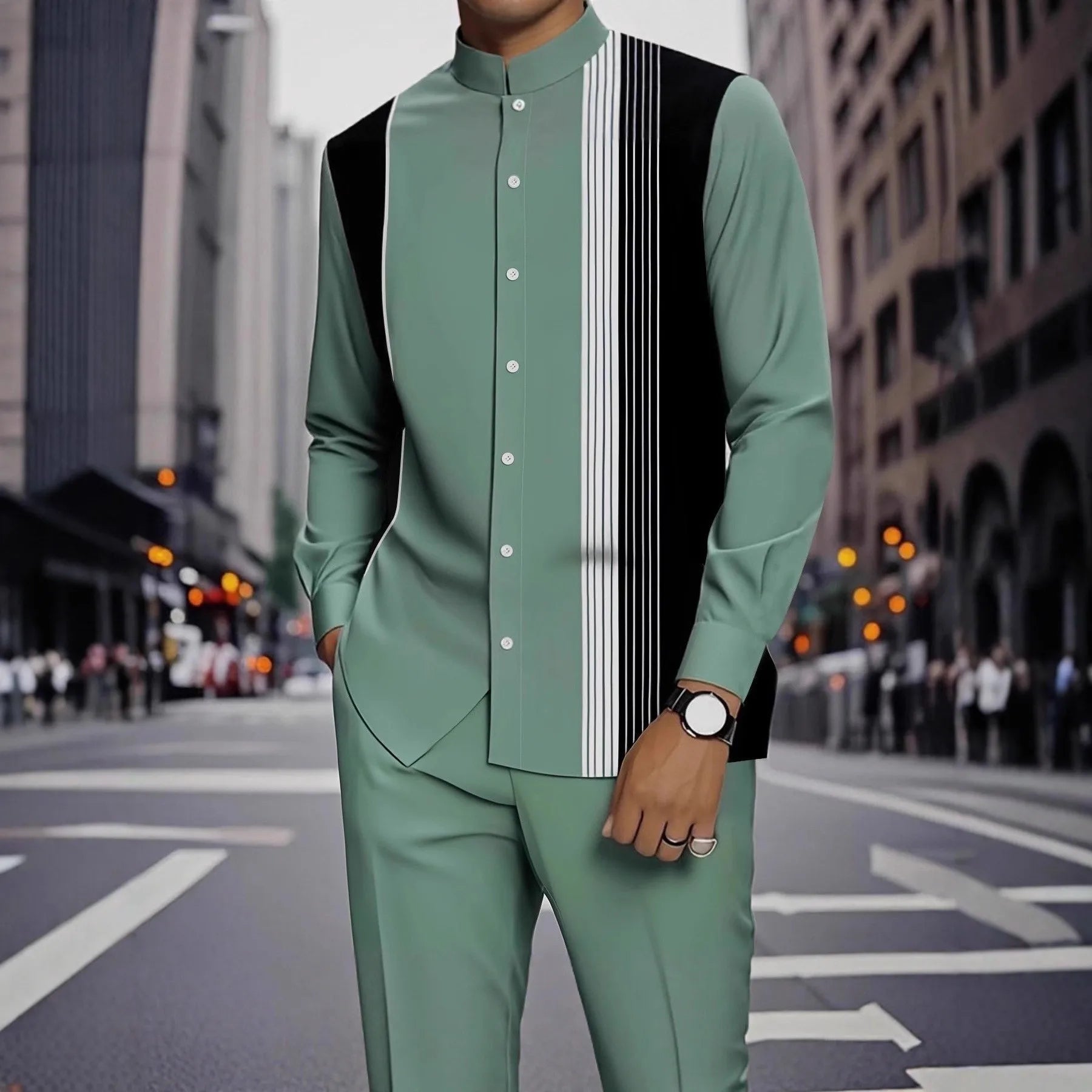 Men's Formal 2Pc Matching Suit Autumn New Long Sleeve Shirt Pants Fashion Business Casual Trendy Tailored Comfortable Outfit