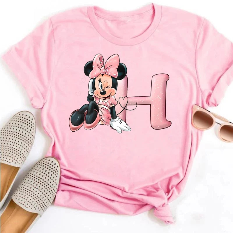 Disney Cartoon Minnie Mouse Letter A B C D E F Print Women Summer T Shirt Harajuku Casual Short Sleeves Pink Female Tshirts