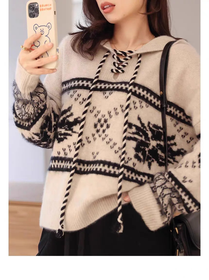 100% pure wool cashmere sweater women's 2024 autumn and winter new hooded collar pullover fashionable loose knit plus size top