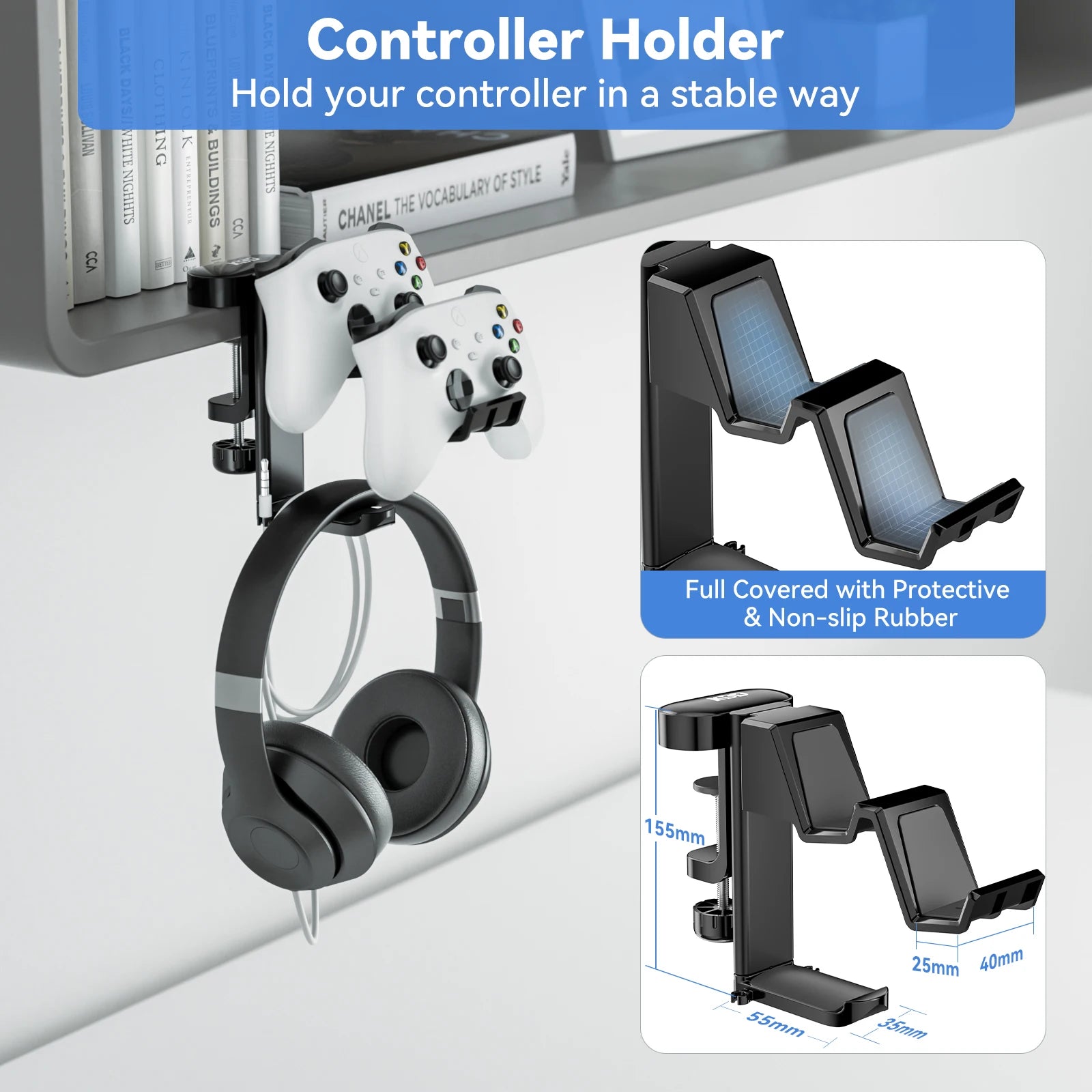 Rotatable Controller Stand 5 in 1 Under Desk Clamp Headphone Hanger Replaceable Cup Holder Compatible with Universal Headset