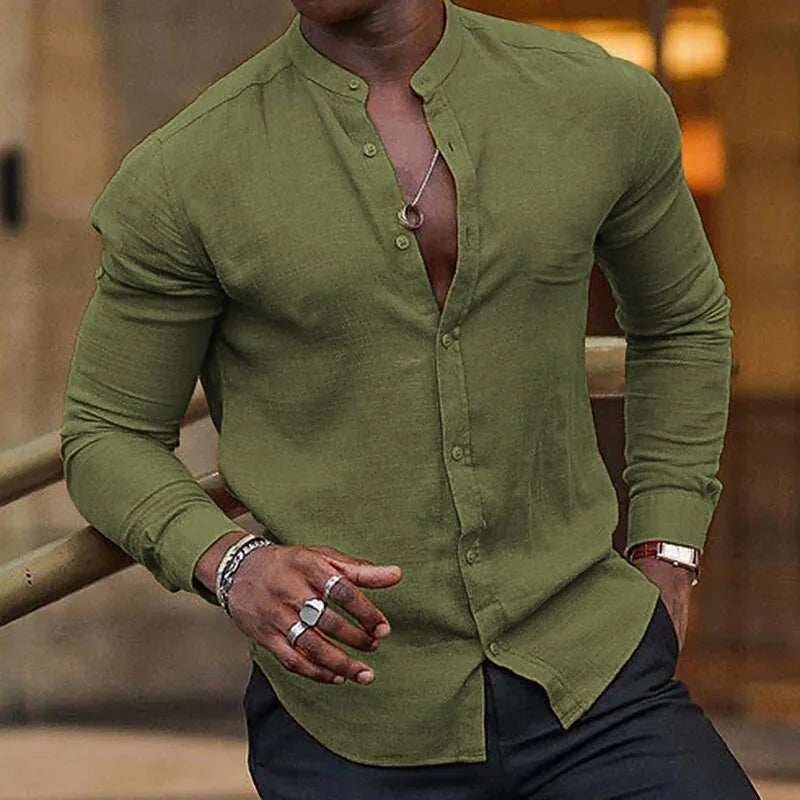 Men's Shirts Summer Shirts Beachwear Button Shirts Stand Collar Shirts Black White Pink Long Sleeve Spring Summer Hawaiian 6XL