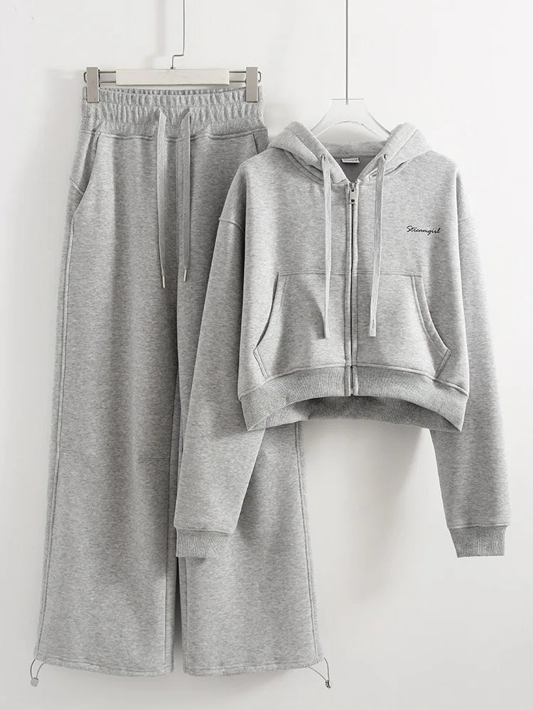 Winter Fleece Pants Set Women Brown Tracksuit Two Pieces Long Sweatpants Zipper Sweatshirts 2 Piece Gray Sweatsuit For Women Set