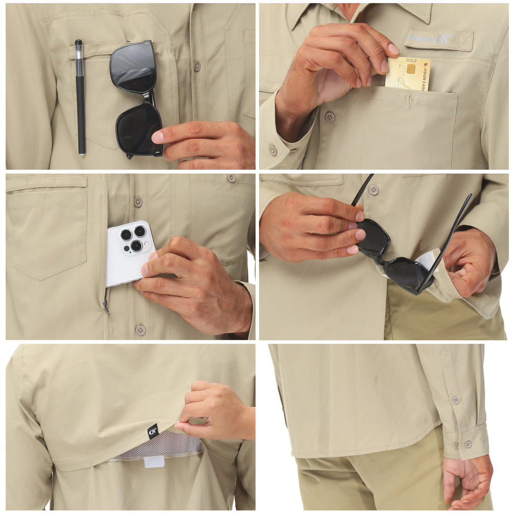 Summer Men's UPF 50+ Casual Long Sleeve Fishing Shirts, Lightweight Tactical Button Down Shirt with Breathable Back Mesh