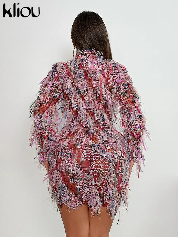 kliou Stacked Pleated Women Mini Dress 2024 New Stunning O-neck Body-shaping Patchwork Vestidos Female Attractive Party Frock