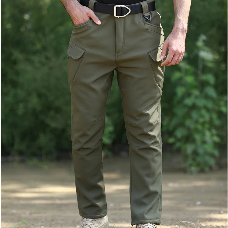 Fleece Lined Tactical Cargo Pants Men's Warm Thickened Outdoor Softshell Trousers Multi-Pocket Work Hiking Climbing Casual Wear