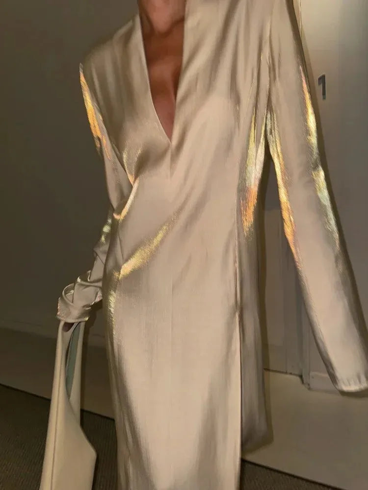 2025 Summer Fashion New Women's Elegant Dress Gold Sparkling V-neck Split Sexy Street Style Stand Up Long Dress