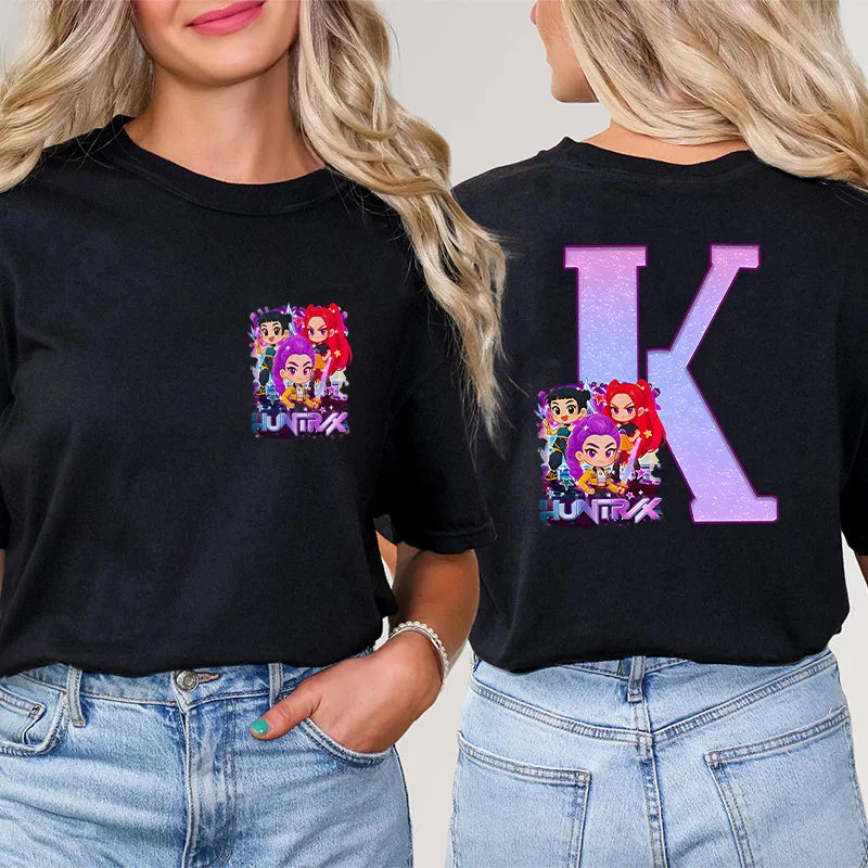 Fashion A-Z 26 Letter T-Shirts Kpop Demon Hunters Graphic Aesthetic Clothing Women T-Shirt Harajuku Female Clothing Y2k Tops