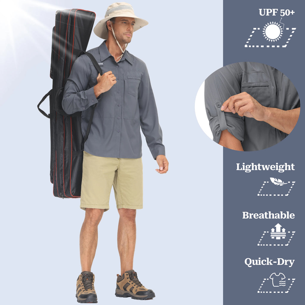 Summer Men's UPF 50+ Casual Long Sleeve Fishing Shirts, Lightweight Tactical Button Down Shirt with Breathable Back Mesh