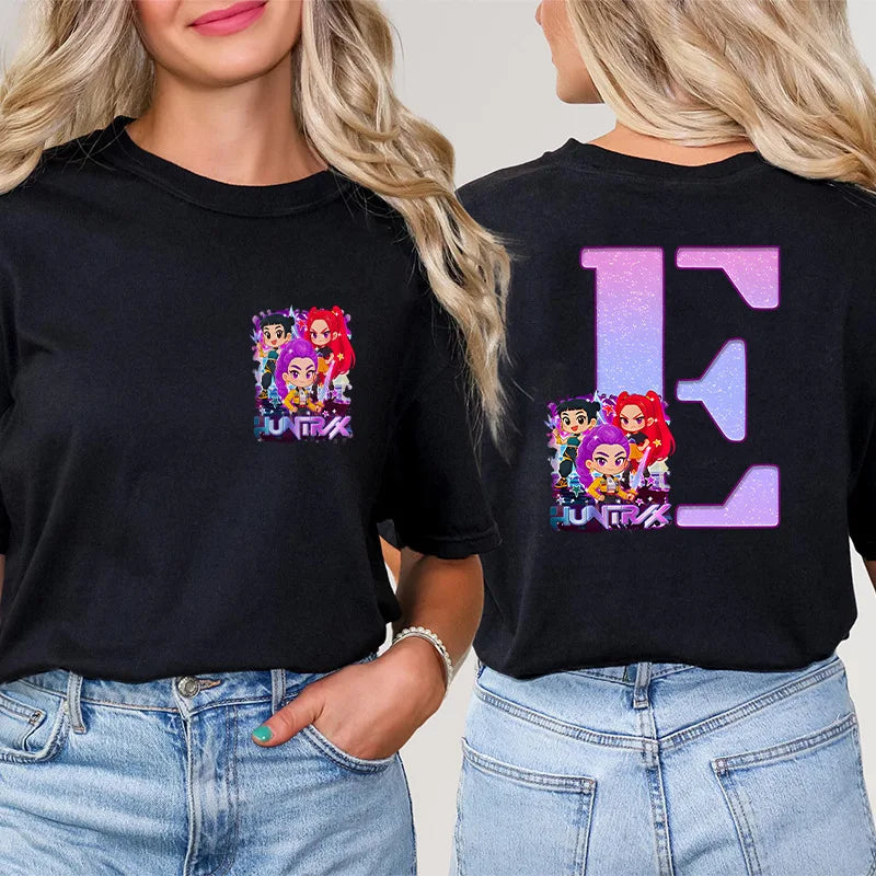 Fashion A-Z 26 Letter T-Shirts Kpop Demon Hunters Graphic Aesthetic Clothing Women T-Shirt Harajuku Female Clothing Y2k Tops