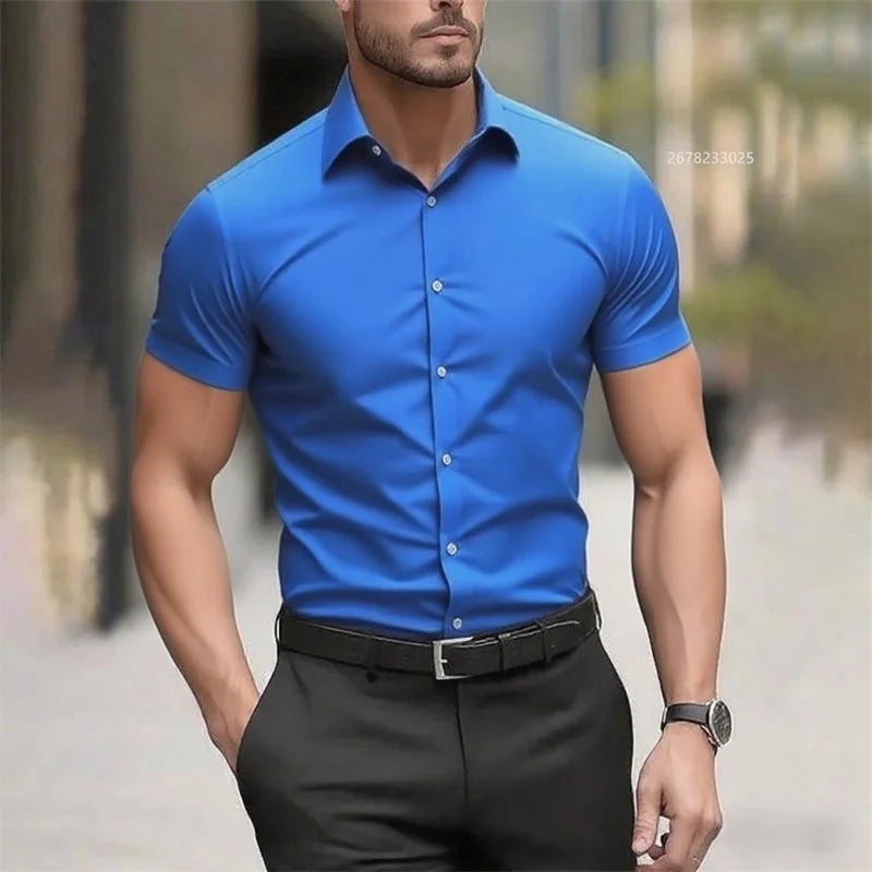 Solid color men's shirt casual shirt, high quality solid color short sleeve stretch fabric, business formal shirt, XS-6XL size