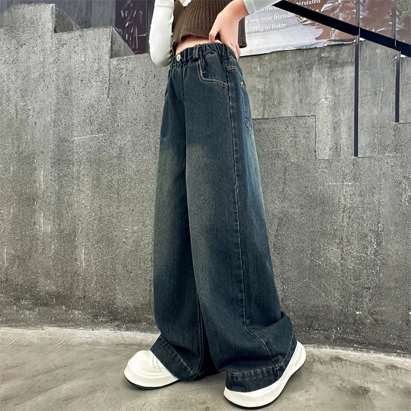 Child Fashion High-Waisted Wide-Leg Jeans For Tween Girls Streetwear Loose Denim Pants Kids Washed Dark Blue Jeans Trousers 5-14