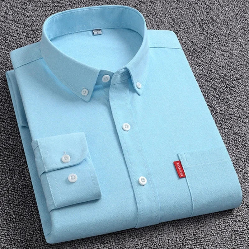 Men's Oxford Long Sleeve Shirts 100% Cotton Solid Color Turn Down Collar Regular Fit Daily Men Clothing Button-down Shirts 5XL