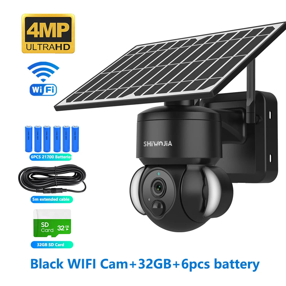 SHIWOJIA 4MP WIFI Solar Camera 4G Sim Card PIR Human Detection Solar Battery Security Camera CCTV Video Surveillance Outdoor Cam
