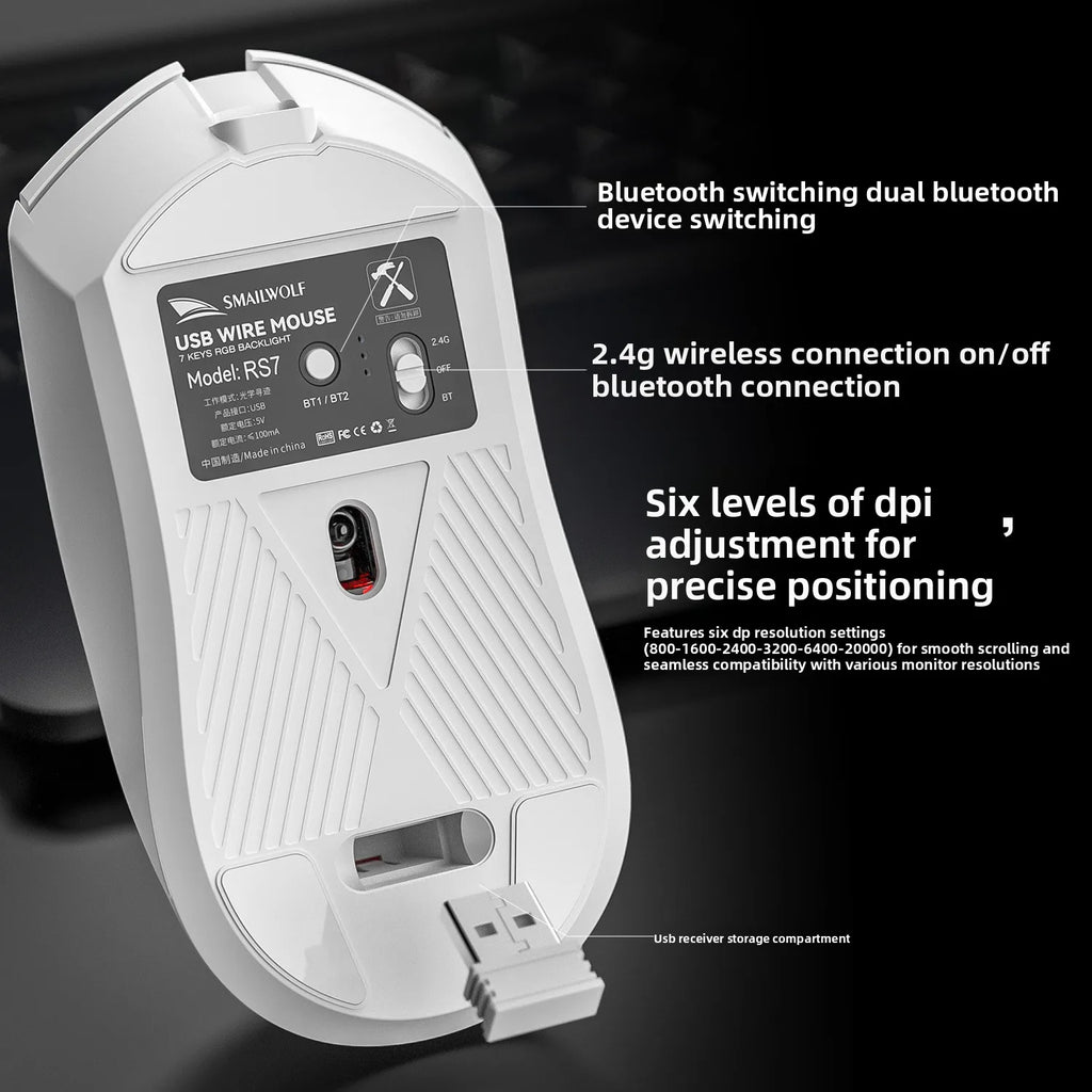 SMAILWOLF RS7 Tri-Mode Wireless Bluetooth Gaming Mouse - PAW3311 Chip Universal for Desktops & Laptops