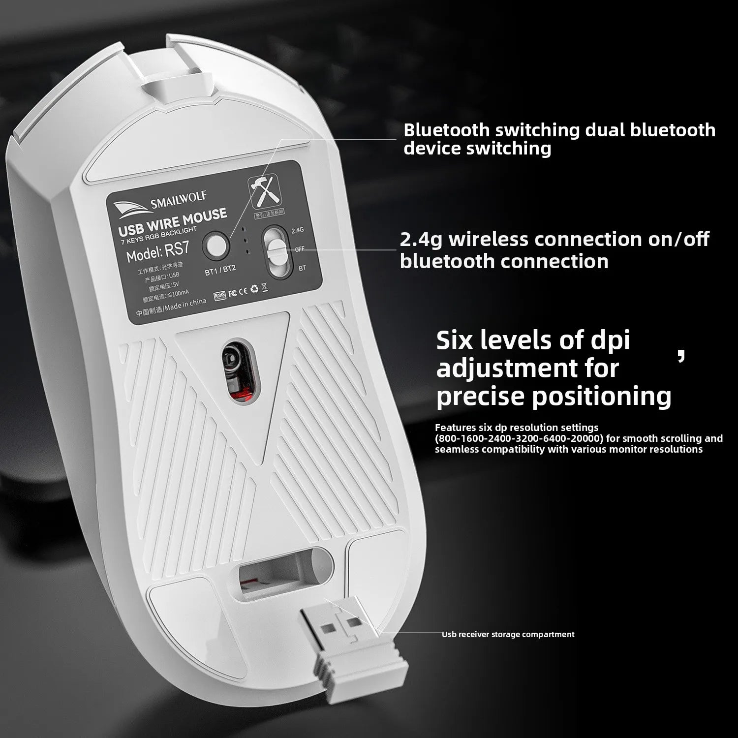 SMAILWOLF RS7 Tri-Mode Wireless Bluetooth Gaming Mouse - PAW3311 Chip Universal for Desktops & Laptops