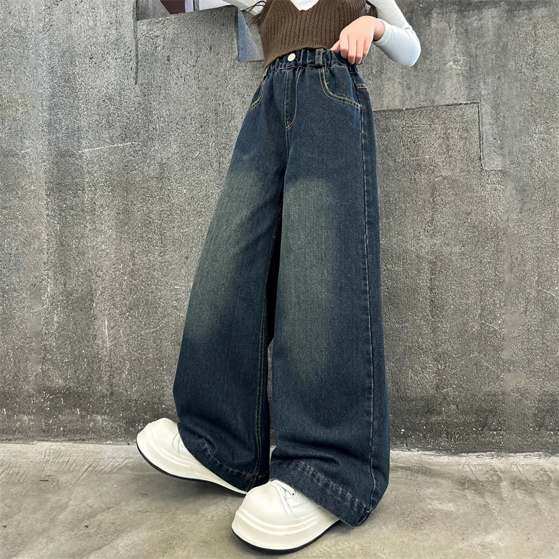 Child Fashion High-Waisted Wide-Leg Jeans For Tween Girls Streetwear Loose Denim Pants Kids Washed Dark Blue Jeans Trousers 5-14