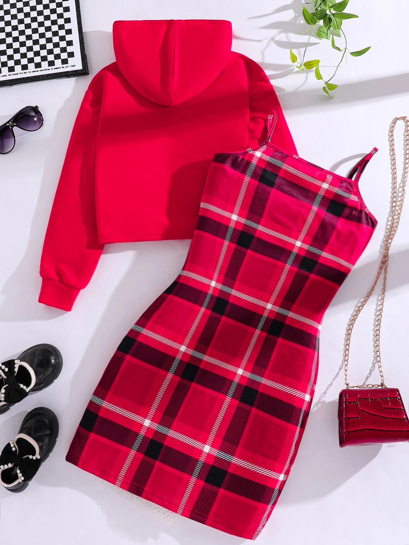 Girls Spring Autumn Fashion Set Red Cartoon Printed Hoodie And Red Plaid Halter Dress Outfit for Kids
