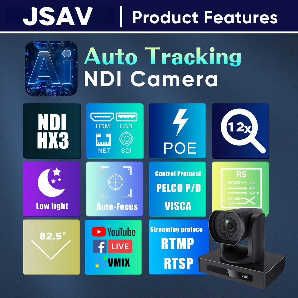 JSAV 4K 60fps NDI Camera PTZ 1pc-3pcs SDI HDMI POE SDI 12X 1PC Video Switcher Conference Camera for Church Business Meeting