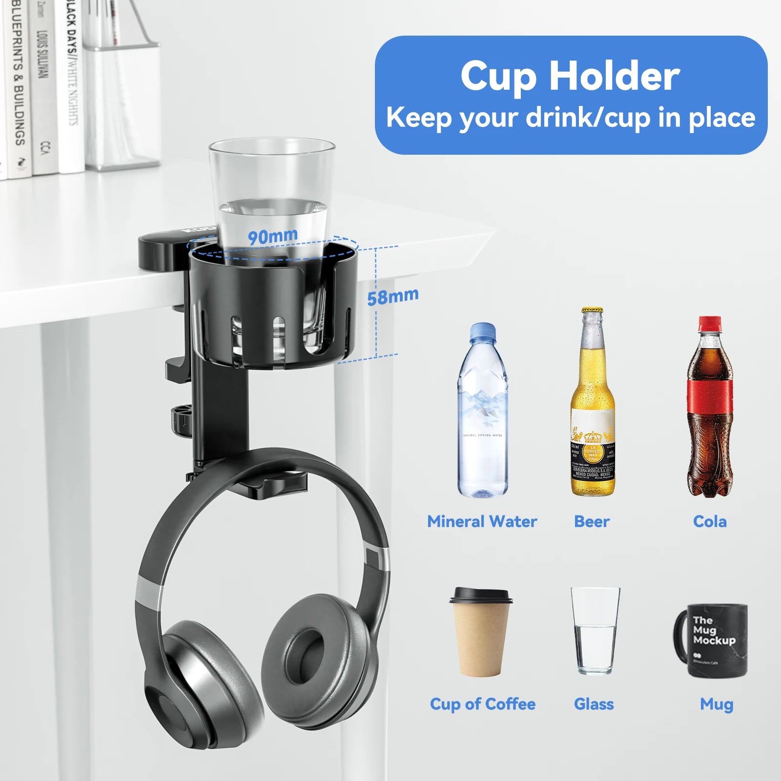 Rotatable Controller Stand 5 in 1 Under Desk Clamp Headphone Hanger Replaceable Cup Holder Compatible with Universal Headset