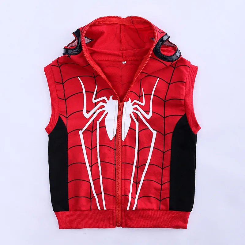 3pcs Cartoon Print Spiderman Cosplay Costume Autumn Kids Boys Sleeveless Hooded Vest +T Shirt+Pant Tracksuit Children Outfits