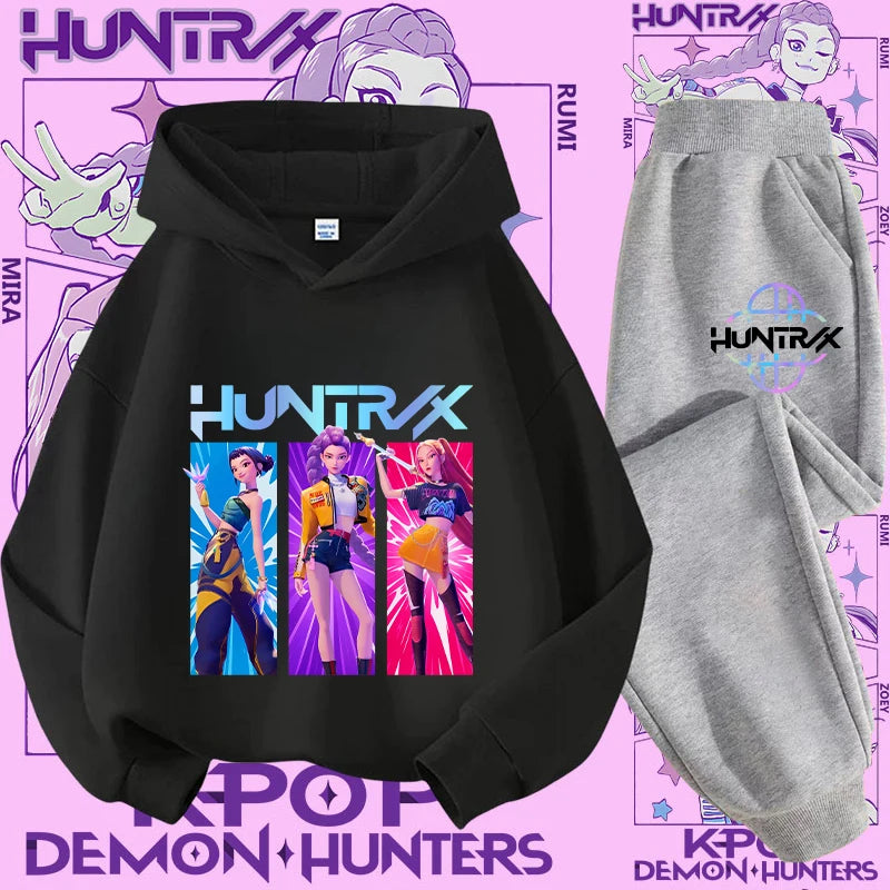 K-pop Demon Hunter New Children's Hoodie Set - Cute Girls' Casual Top for Kids,Boys' Sports Shirt with Cartoon Print-2-Piece Set