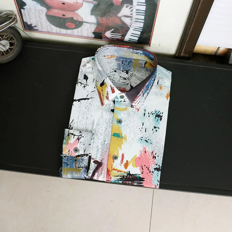2025 Silk Shirt Men Fashion Graffiti Print Long Sleeve Casual Shirts Slim Social Streetwear Non Ironing Nightclub Stage Shirt