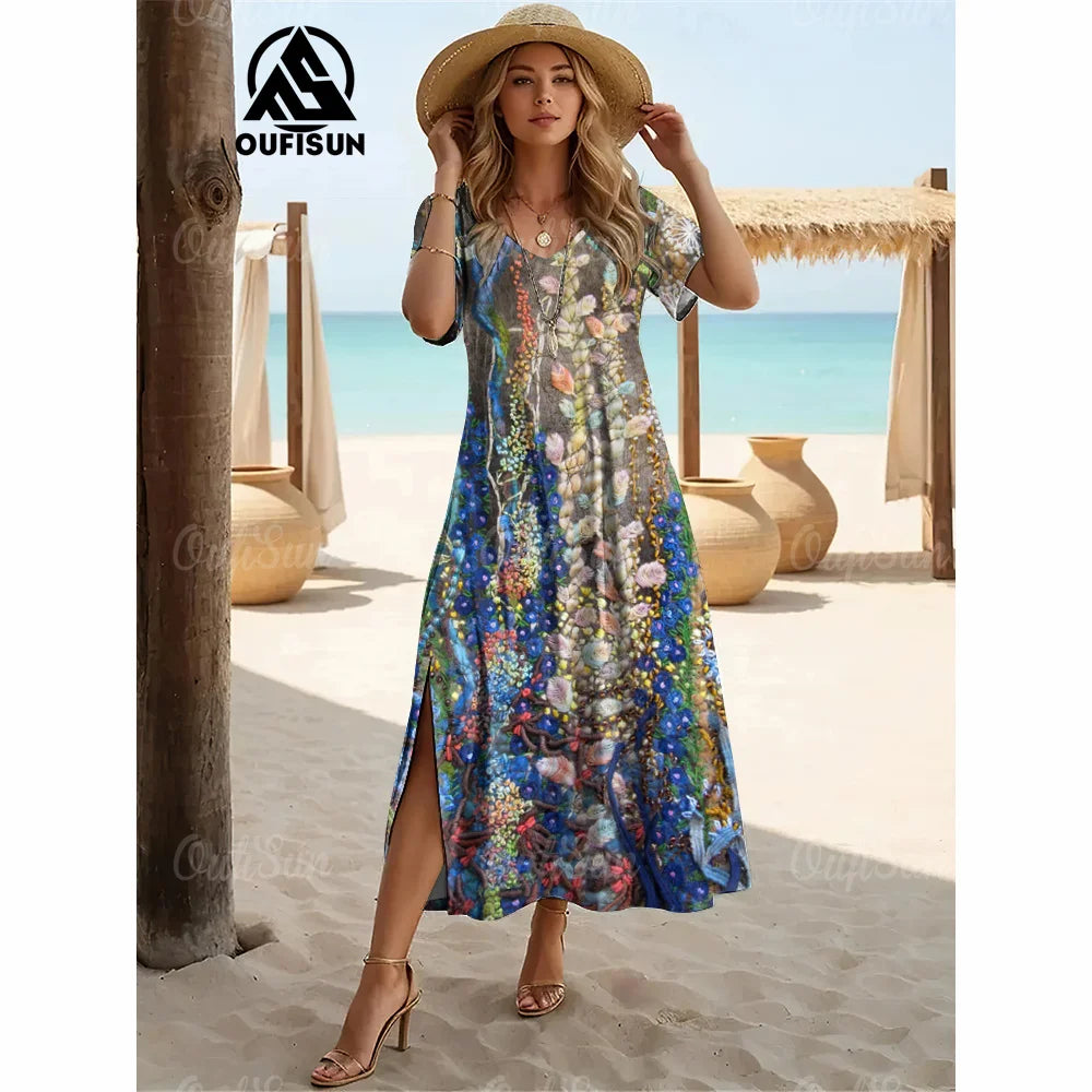 Elegant Womens Dresses Summer V-Neck Women's Clothing Vintage Woman Long Dress Fashions Evening Dress Loose Oversize Pullover