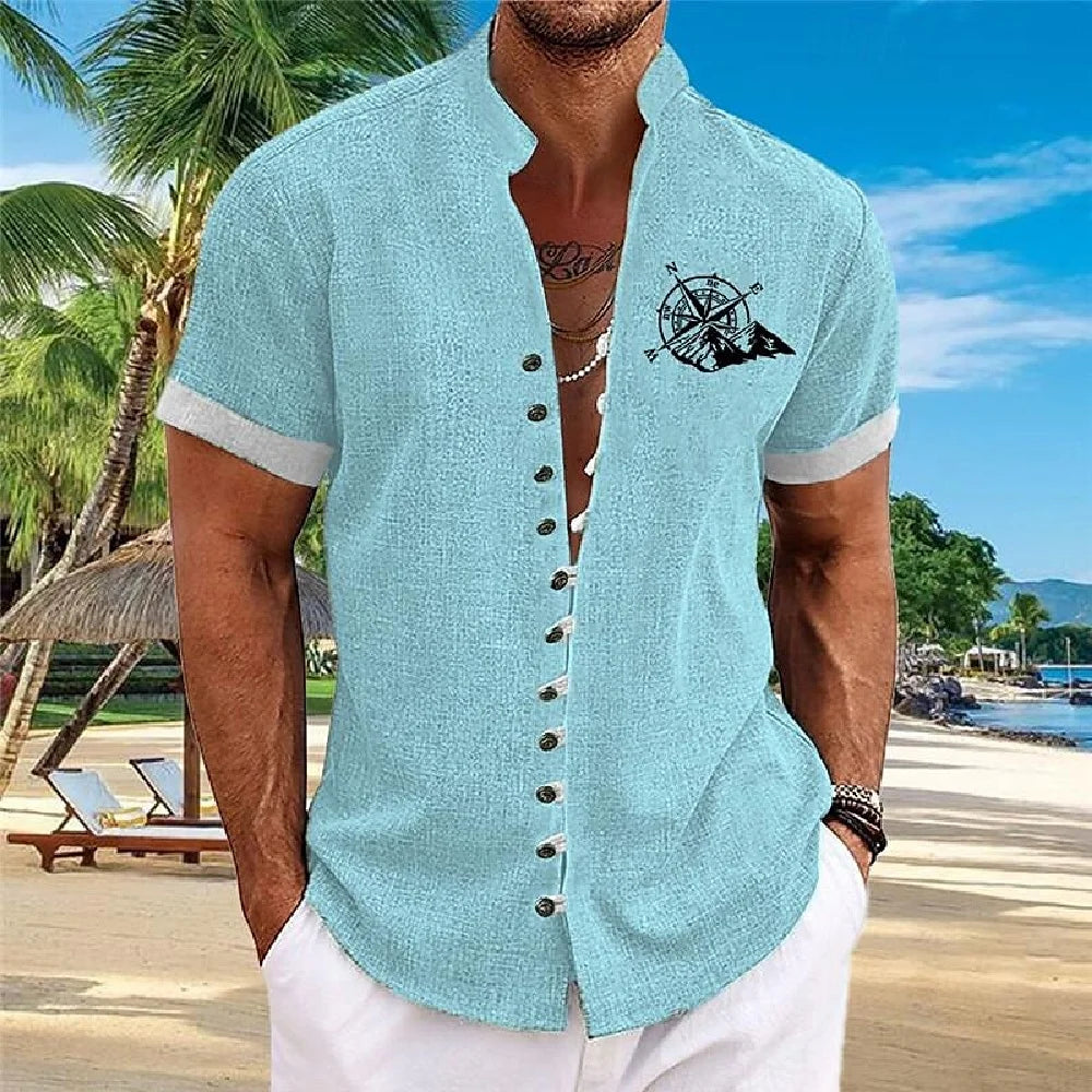 New men's linen short-sleeved shirt, with a fashionable retro style, ethnic motif printing, comfortable and breathable. Men's sh