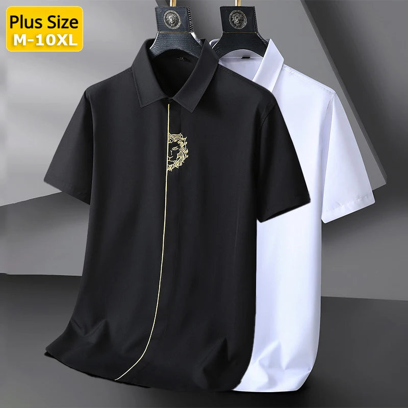 Upto 10XL Size Short Sleeve Embroidered Shirt Men's Casual Loose Oversized Black and White Short Sleeve Shirt Summer