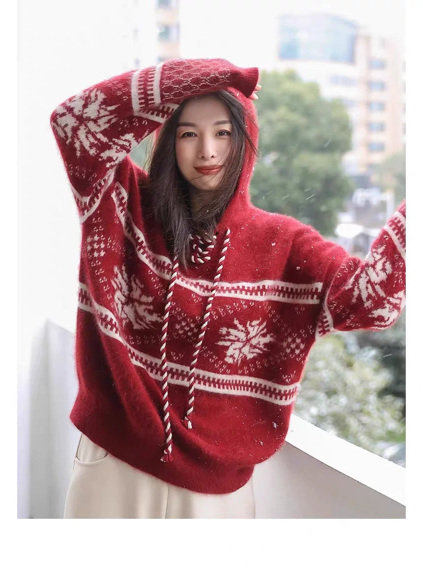 100% pure wool cashmere sweater women's 2024 autumn and winter new hooded collar pullover fashionable loose knit plus size top